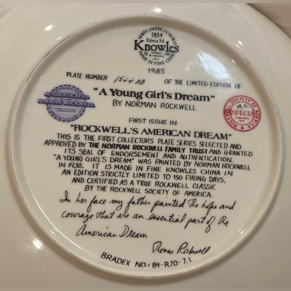 Norman Rockwell’s A Young Girl’s Dream Collectible Plate - Picture 3 of 7